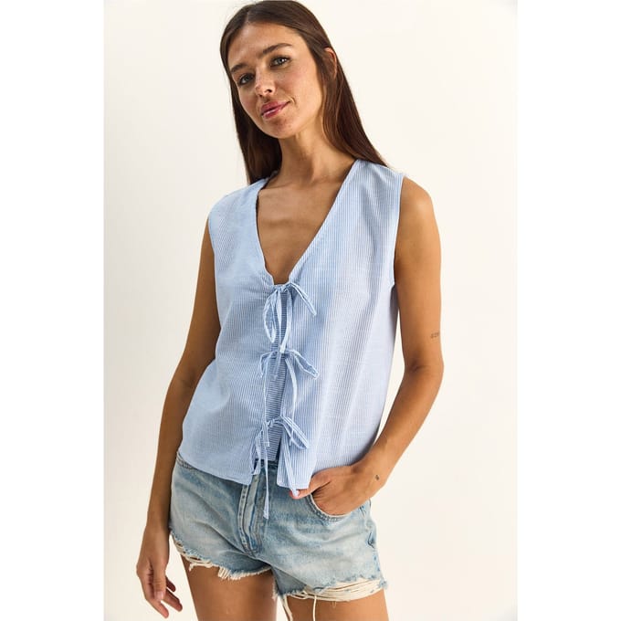 Gestreepte V-hals Blouse met Strikdetail