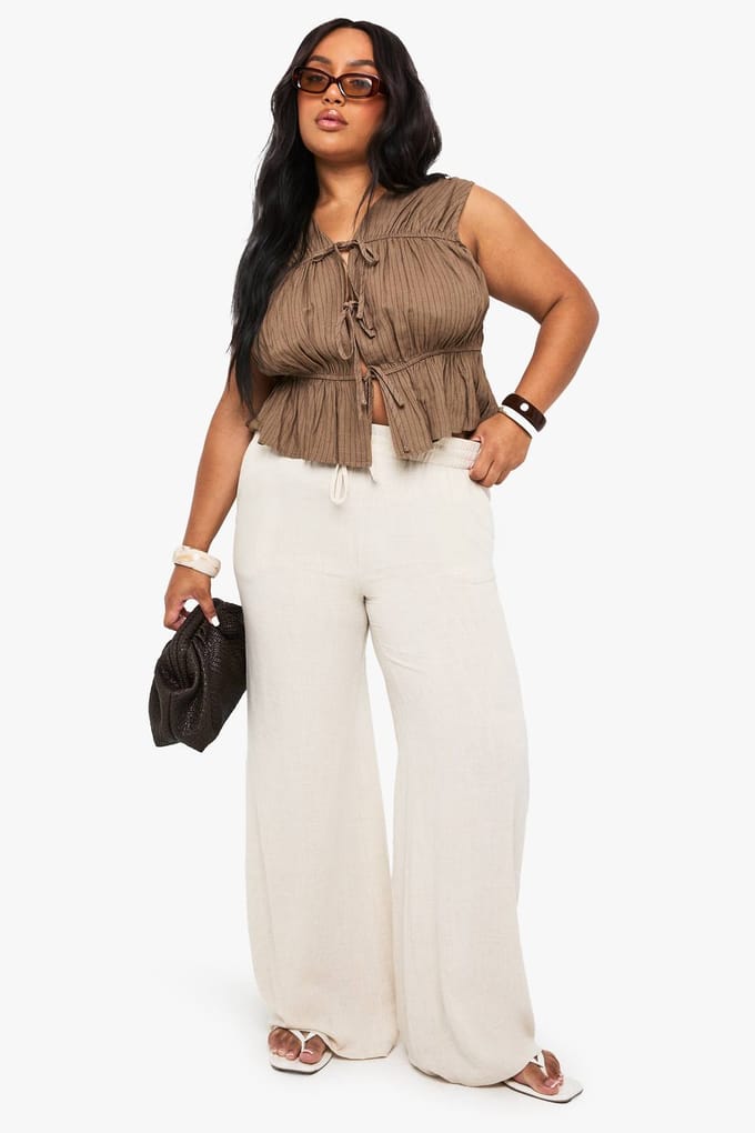 boohoo Dames Plus Tie Front Peplum Linnen Gestreept | Kaki | Maat: 54