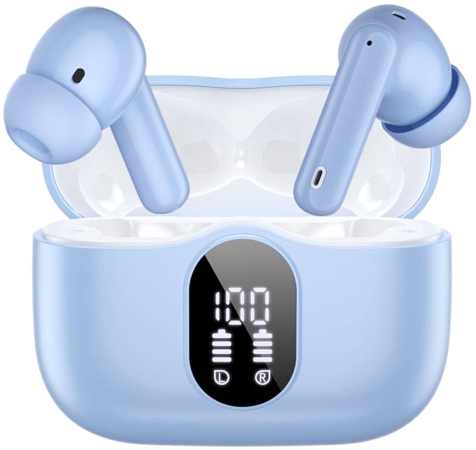 SBG Draadloze Oordopjes - Noise Cancelling - Headset - Bluetooth 5.4 - Earbuds oplaadcase - LED Display - Met Microfoon - Extra dopjes - Lichtblauw