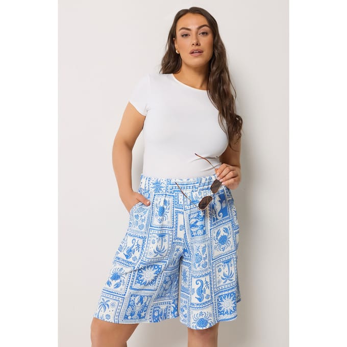 Yours Blauwe Shorts Met Schelpprint En Textuur Size 50-52