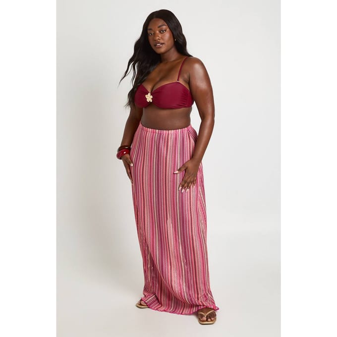 boohoo Dames Plus Gebreide Gestreepte Maxi Rok | Roze | Maat: 44