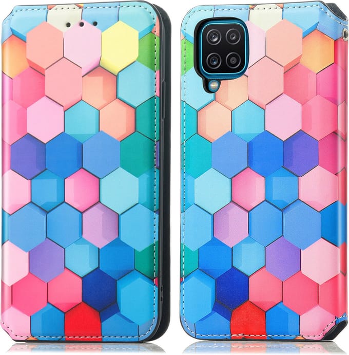 Luxe PU Lederen Wallet Case met Magneetsluiting + PMMA Screenprotector voor Galaxy A22 4G _ kleurrijke Honingraat