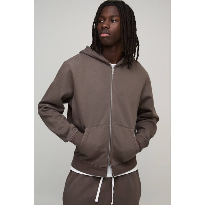 Essential Washed Boxy Zip Through Hoodie | Chocolate | Size Medium
