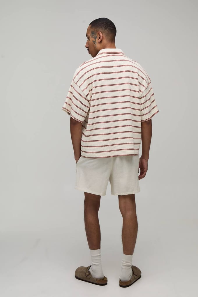 Oversized Striped Waffle Revere Polo T-Shirt | Ecru | Size Medium