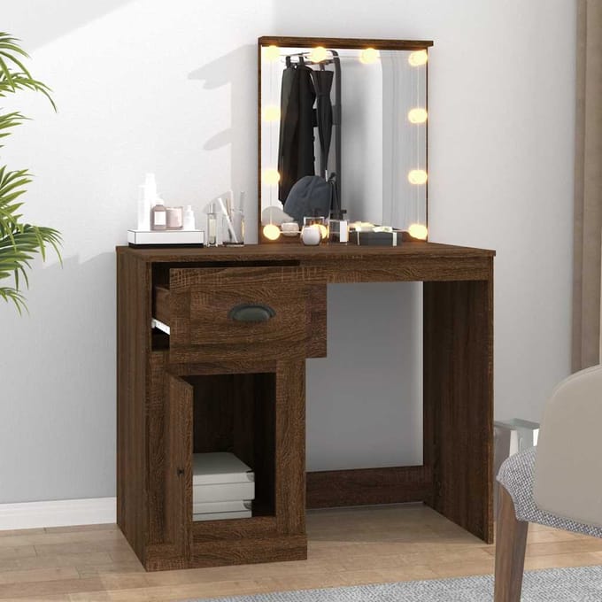 vidaXL - Kaptafel - met - LED - 90x50x132,5 - cm - bewerkt - hout - bruin - eikenkleur