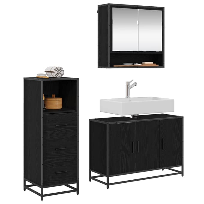 vidaXL - Badkamermeubel - Set - 3 - st - Zwart - Eiken - Bewerkt - hout