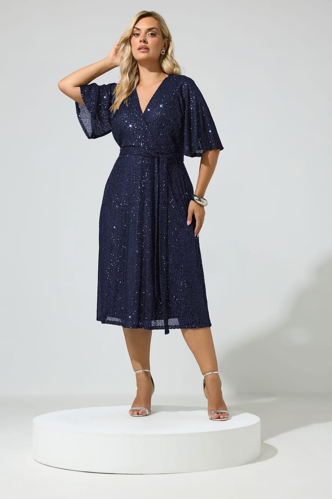 Yours London Marineblauwe Wikkeljurk Met Pailletten Size 44
