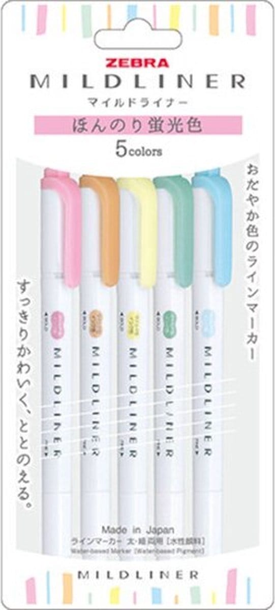 Zebra Mildliners Double Sided Highlighter Set van 5 Mild Pastel Colors + EXTRA een Set van 5 Zebra Two Sided Brushpennen