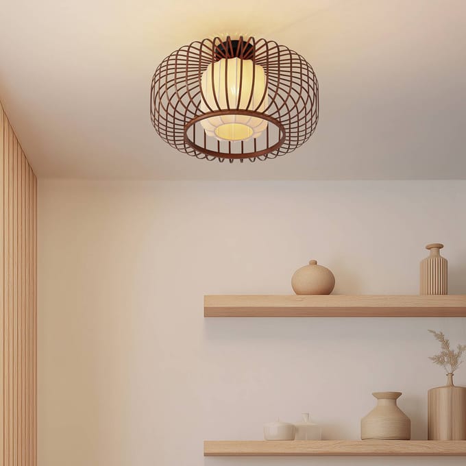 Lindby - plafondlamp hout - 1licht - Bamboe, textiel, metaal - H: 29.5 cm - E27 - Donker hout, beige