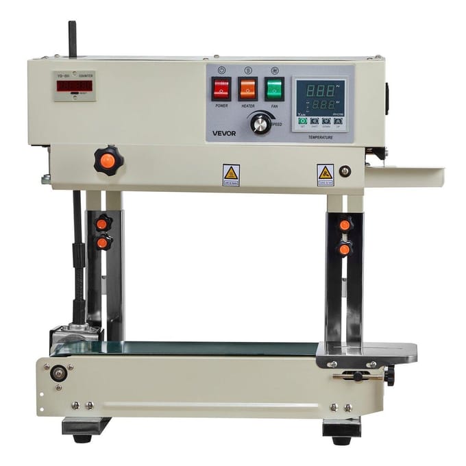 Continue Zak Band Verzegelmachine, 6-12 mm Verzegelbreedte, Verticale Band Verzegelaar Machine met Roller Bedrukking, Temp & Snelheid Instelbaar, Hitteverzegeling