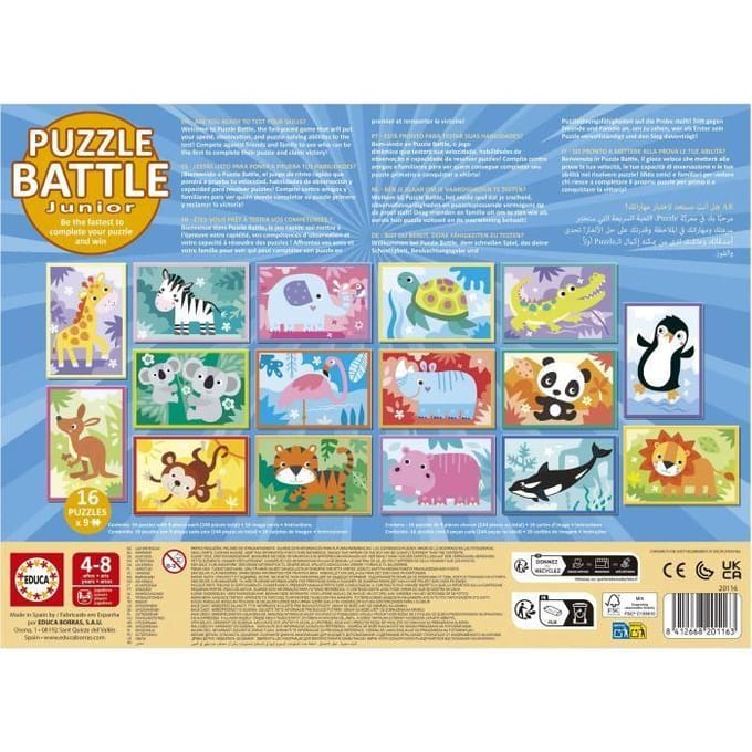 Puzzle - EDUCA - Battle Jr Animals - 16 puzzles - 9 pieces par puzzle - Pour enfants a partir de 4 ans