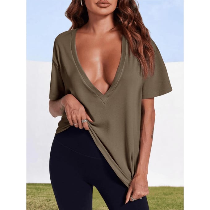 Dames Zomer Diepe V-hals T-shirt Korte Mouw Losse Pasvorm Basic T-shirt S bruin
