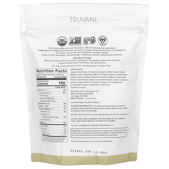 Truvani, Protéine + Énergie, Latte Vanille, 15,87 oz (450 g)