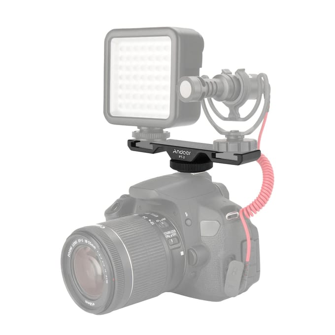 Andoer PT-2 Dubbele Cold Shoe Mount Verlengbeugel Dubbele beugel voor DV DSLR Camera Smartphone Mic LED zwart