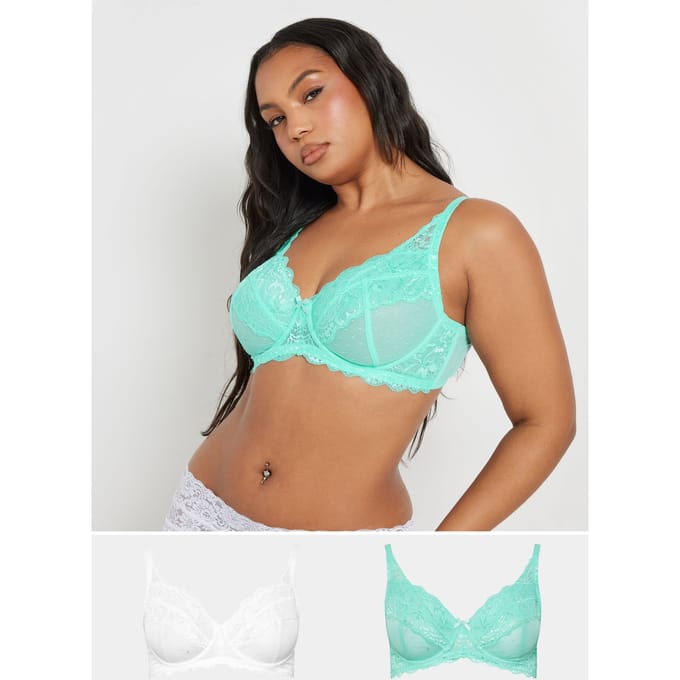 Yours 2 Pack Mesh Bh's Met Kant En Beugel In Blauwgroen/Wit Size 95E