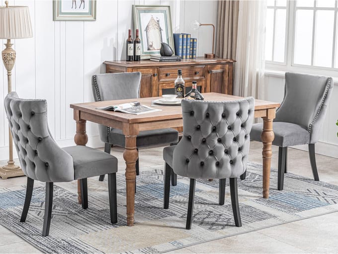 OKWISH Eetkamerstoelen - Set Van 4 - Hoge Rugleuning Gewatteerd - Fluweel - Grijs