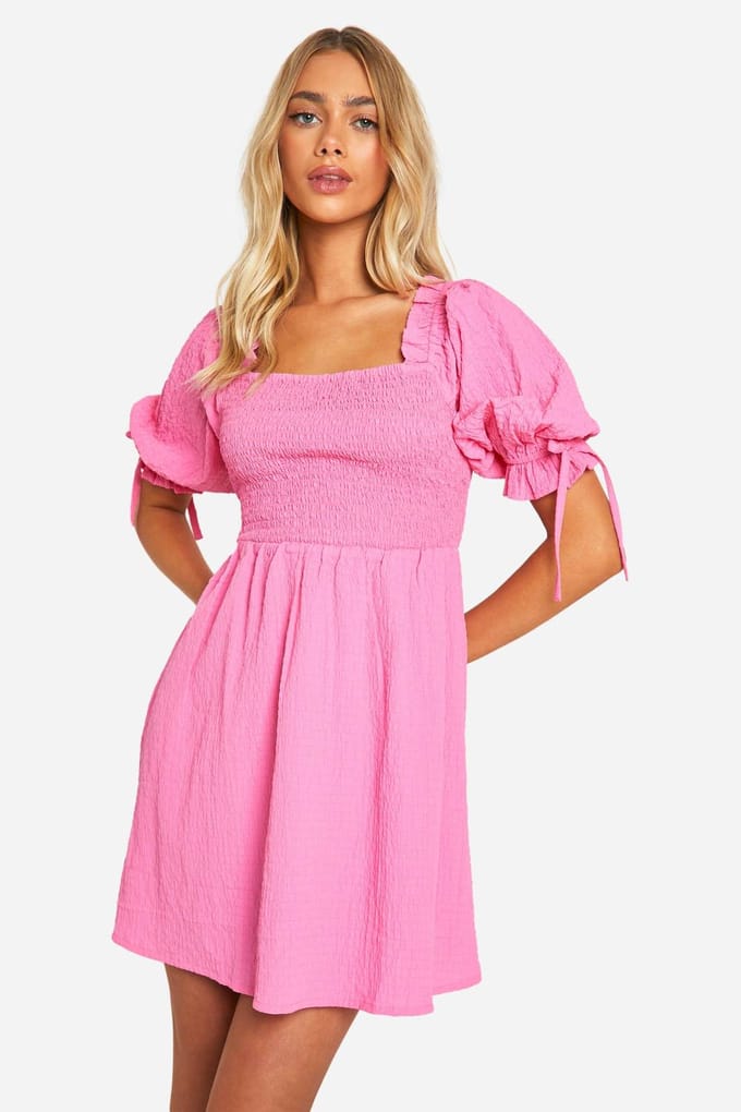 boohoo Dames Textured Puff Sleeve Smock Jurk | Roze | Maat: 36