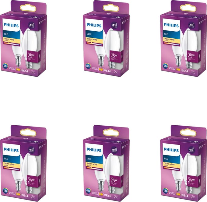 Philips Voordeelverpakking - E14 - LED Kaarslamp - Mat - 25W - Niet Dimbaar - Warmwit Licht - Set van 12 Stuks