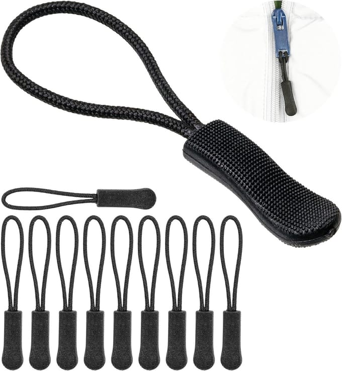 12 Zipper Pullers in Black - Nylon Replacement Zipper Pullers for Easy Repairs