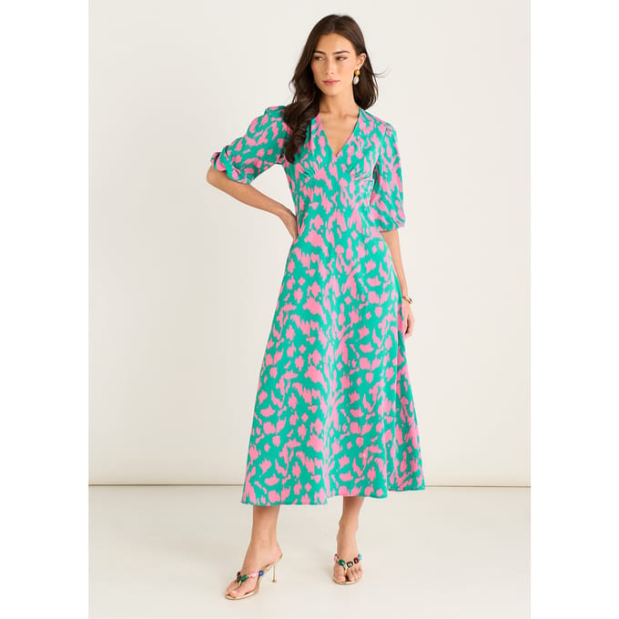 Groene midi-jurk met V-hals en dierenprint