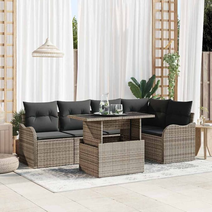 vidaXL Tuinbank Set met kussen met kussen 6 pcs Grijs Poly Riet