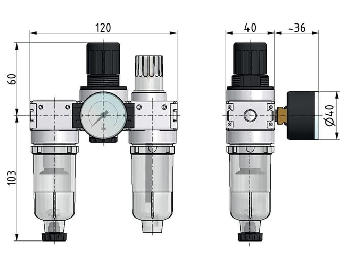 FRL 3-Delig G1/8'' 750l/min 0.2-6.0bar/3-87psi Semi-Auto 40 mm Manometer Polycarbonaat Multifix 0