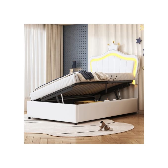 Kinderbed - MUVOE - 90x200 cm - Wit Kunstleer - LED-verlichting - Hydraulische opbergruimte wit