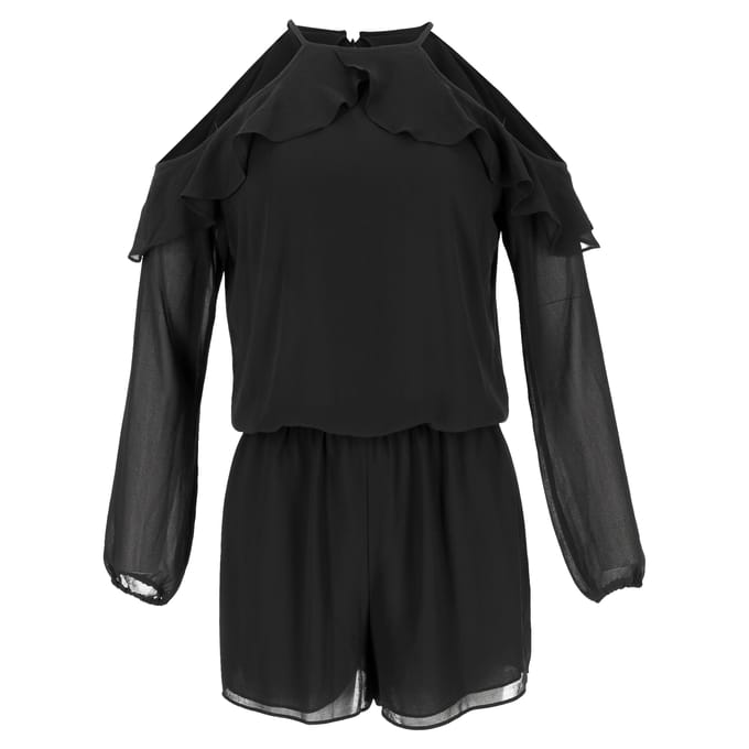 Michael Kors jumpsuit met ruches en open schouders in zwart polyester