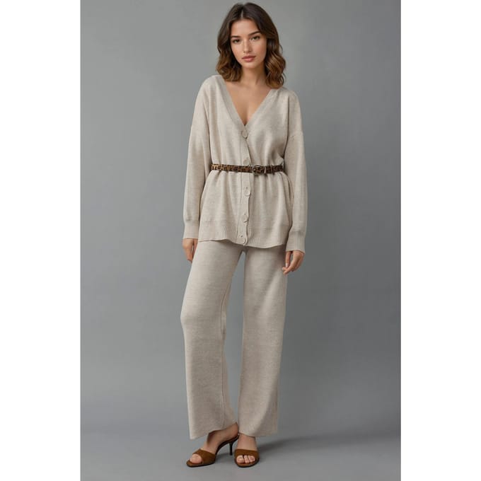 V-hals Cardigan en Brede Pijpen Broekset
