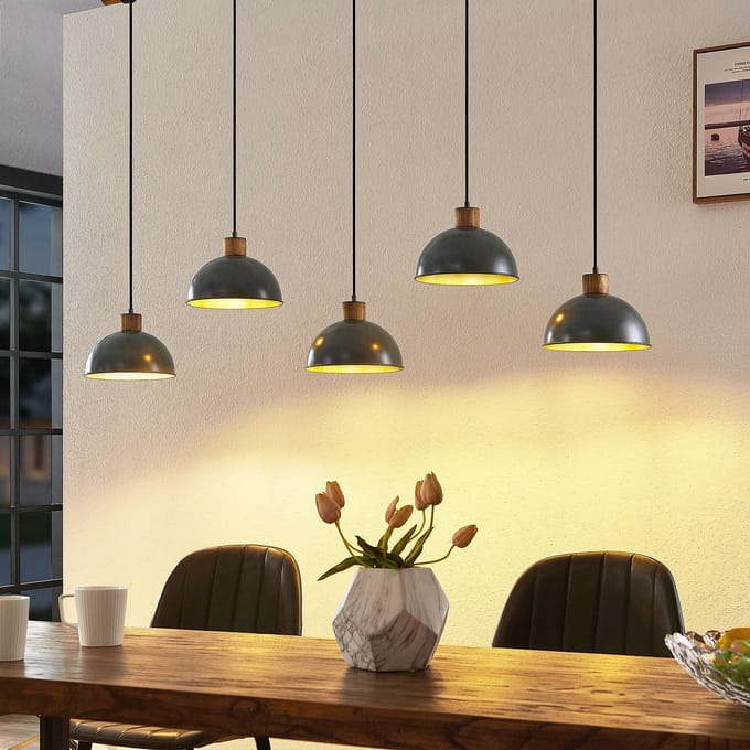 Lindby - Hanglamp - 5lichts - Hout, ijzer - E27 - Natuurlijk hout, donkergrijs
