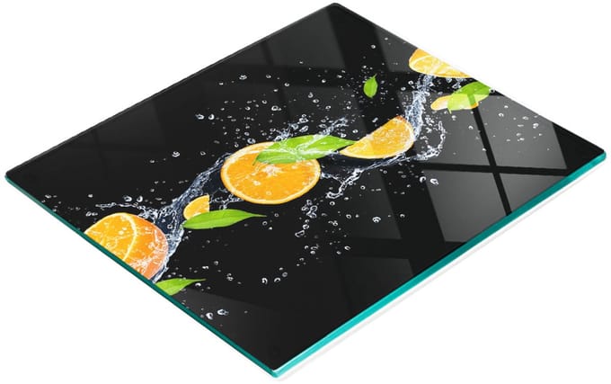 Glazen snijplank met afbeelding van sinaasappels en water, 60x52 cm