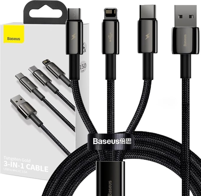 Baseus Tungsten 3in1 cable USB - USB Type C / Lightning / micro USB 3.5 A 1.5 m black (CAMLTWJ-01)