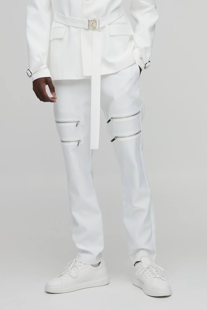 Skinny Fit Zip Detail Tailored Trousers | Ecru | Size 40