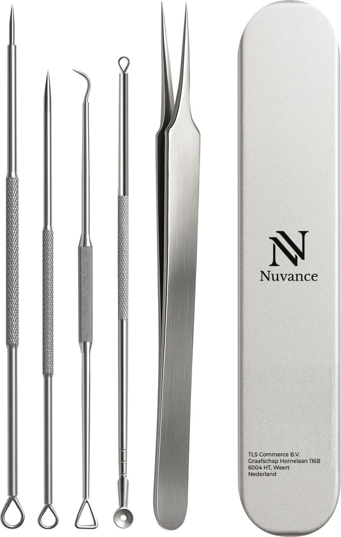 Nuvance Mee Eters Verwijderen - Blackhead remover - Set van 5 - Mee Eter Verwijderaar - Comedonenlepel - Zilver