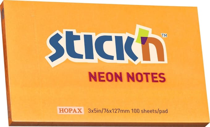 Stick'n sticky notes - 76x127mm, neon oranje, 100 memoblaadjes