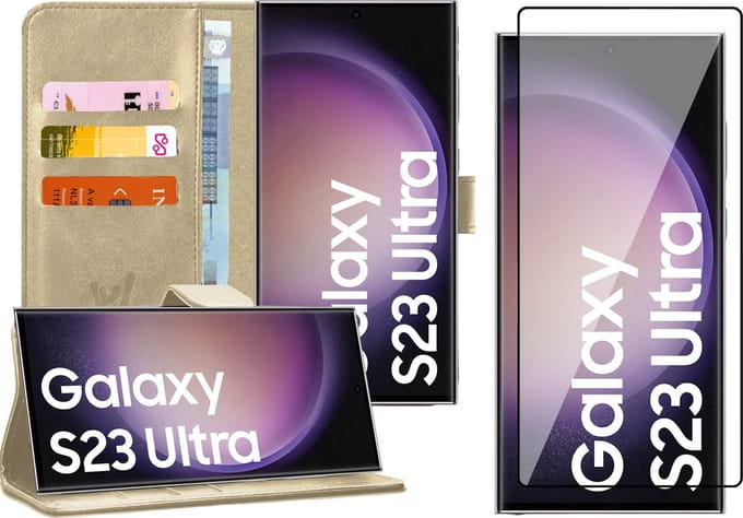 Hoesje geschikt voor Samsung Galaxy S23 Ultra - Screen Protector FlexGuard - Book Case Kunstleer Pasjeshouder Goud & Screenprotector