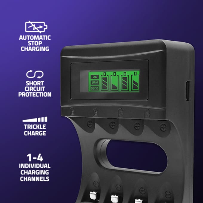 Qoltec Ni-MH Type R03 AAA R6 AA batterijlader |   LCD-scherm |   USB-kabel