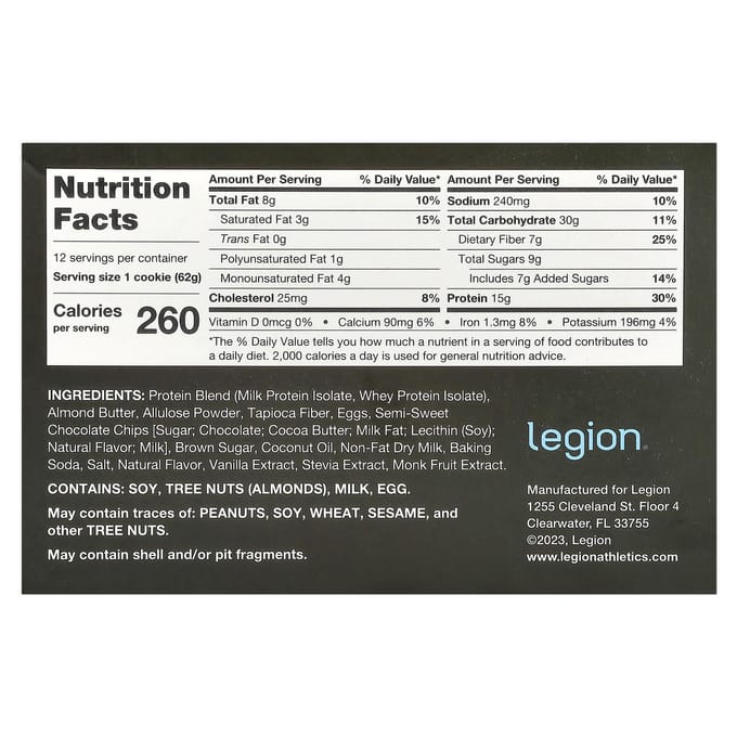 Legion Athletics, Biscuits protéinés, Pépites de chocolat, Paquet de 12, 2,19 oz (62g) chaque