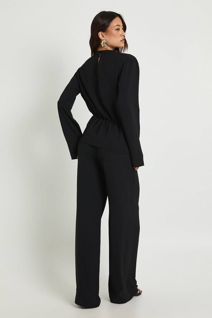 boohoo Dames Lang Geweven Draperende Blouse met Lange Mouwen & Broek Set | Black | Maat: 6