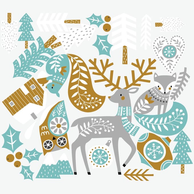 Scandinavische kerststickers met hert en vos - Zelfklevende kerststickers - Feestelijke decoraties - 90x100cm
