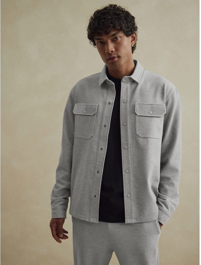 Next - Heren - Jersey keperstof Overshirt met drukknopen - Grijs