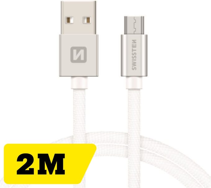 Swissten Lange Micro‑USB Oplaadkabel 2 meter – voor Samsung, Android, Powerbank & PS4 Controller – USB‑A Kabel – Zilver