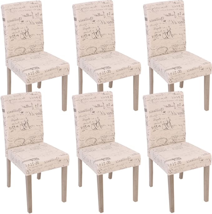Set van 6 eetkamerstoelen Littau, stoel keukenstoel ~ textiel met opschrift, crème, poten structuur - eikenhout