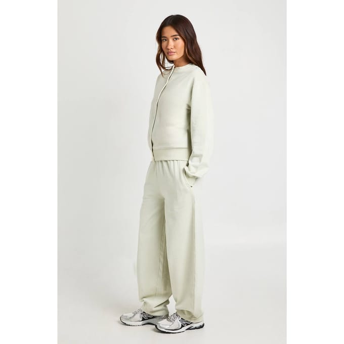 boohoo Dames Gewassen Popper Bomber Sweatshirt Wijde Pijpen Trainingspak | Steen | Maat: Medium