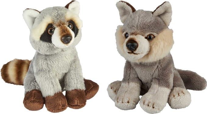 Ravensden - Bosdieren pluche knuffels - 2x stuks - Wasbeer en Wolf - 15 cm