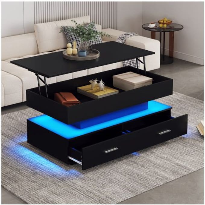 Table basse - MUVOE - 100x50cm - Éclairage LED - Commande APP Bluetooth - 2 tiroirs