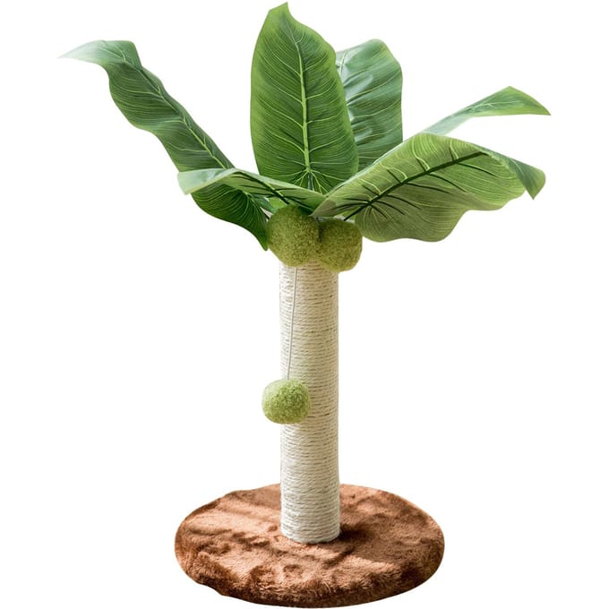 Arbre à chat 32 cm de haut, base 24 cm, boules suspendues, feuilles vertes, sisal et chanvre.