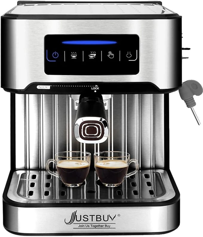 Espresso Koffiemachine, Compact Ontwerp, Melkopschuimfunctie, Lichtgrijs