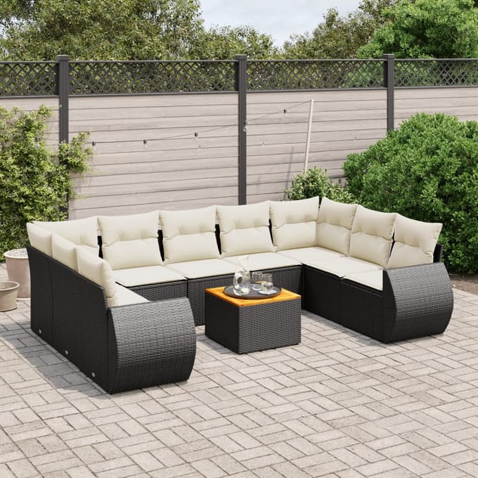 vidaXL - 10-delige - Loungeset - met - kussens - poly - rattan - zwart