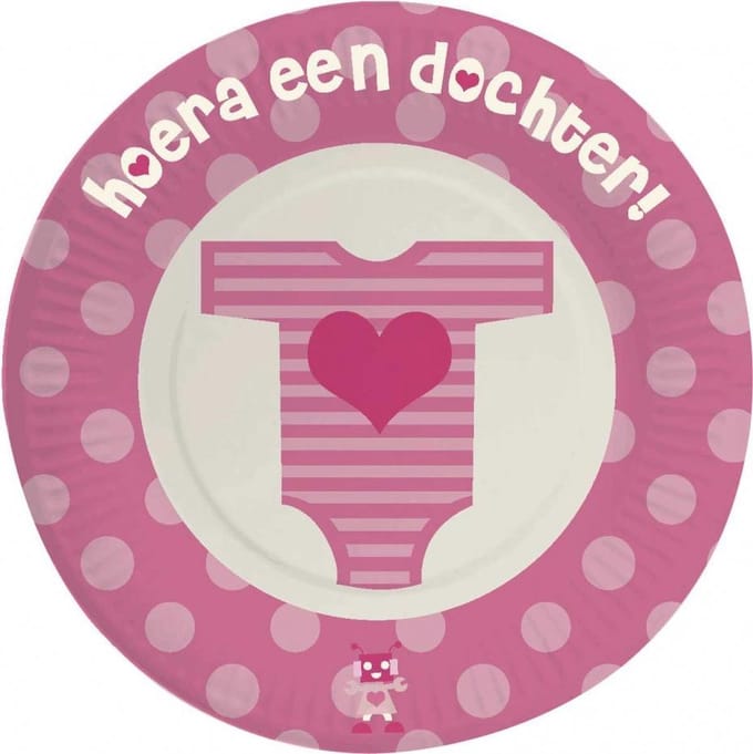 Feestborden \'\'hoera Een Dochter\'\' 8 Stuks Roze 18 Cm